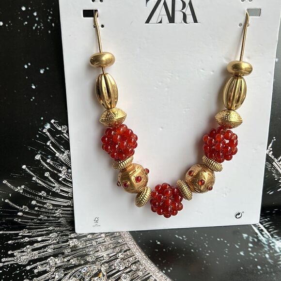 Zara Combination Bead and Stone Necklace Red and Gold - Picture 10 of 11